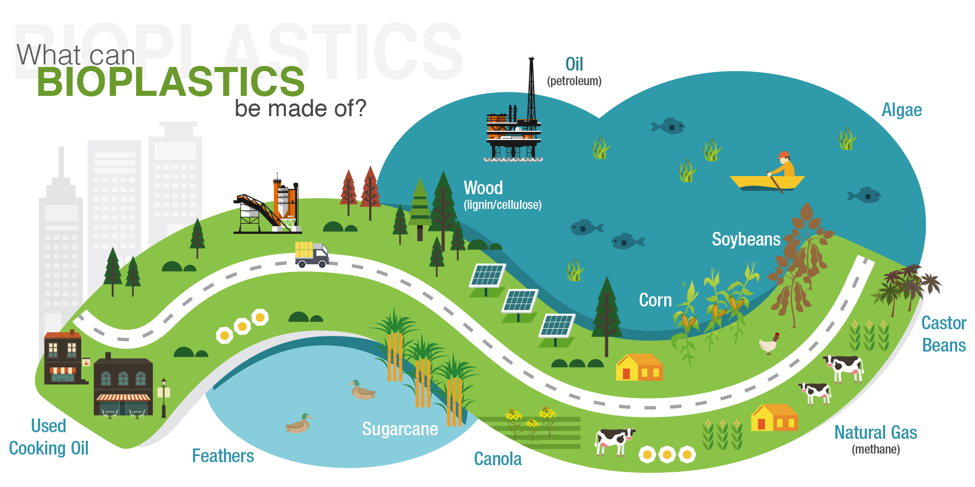 Graphic that depicts all of the different materials bioplastics can be made of