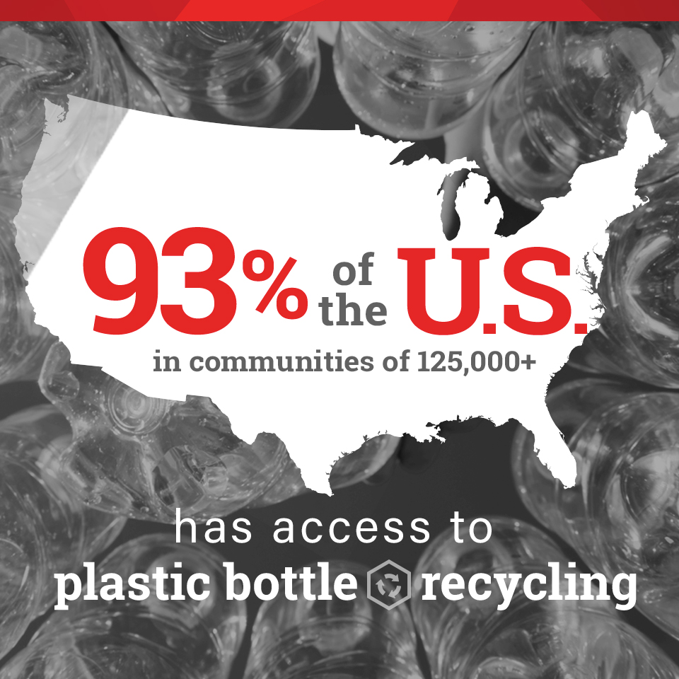 A map of the United States shown over a black and white image of plastic bottles