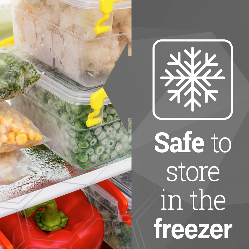 Frozen food in plastic containers sitting on freezer shelf